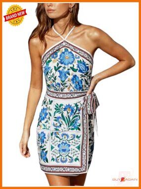 Floral Halter Crisscross Backless Wrap Smocked Mini Dress
